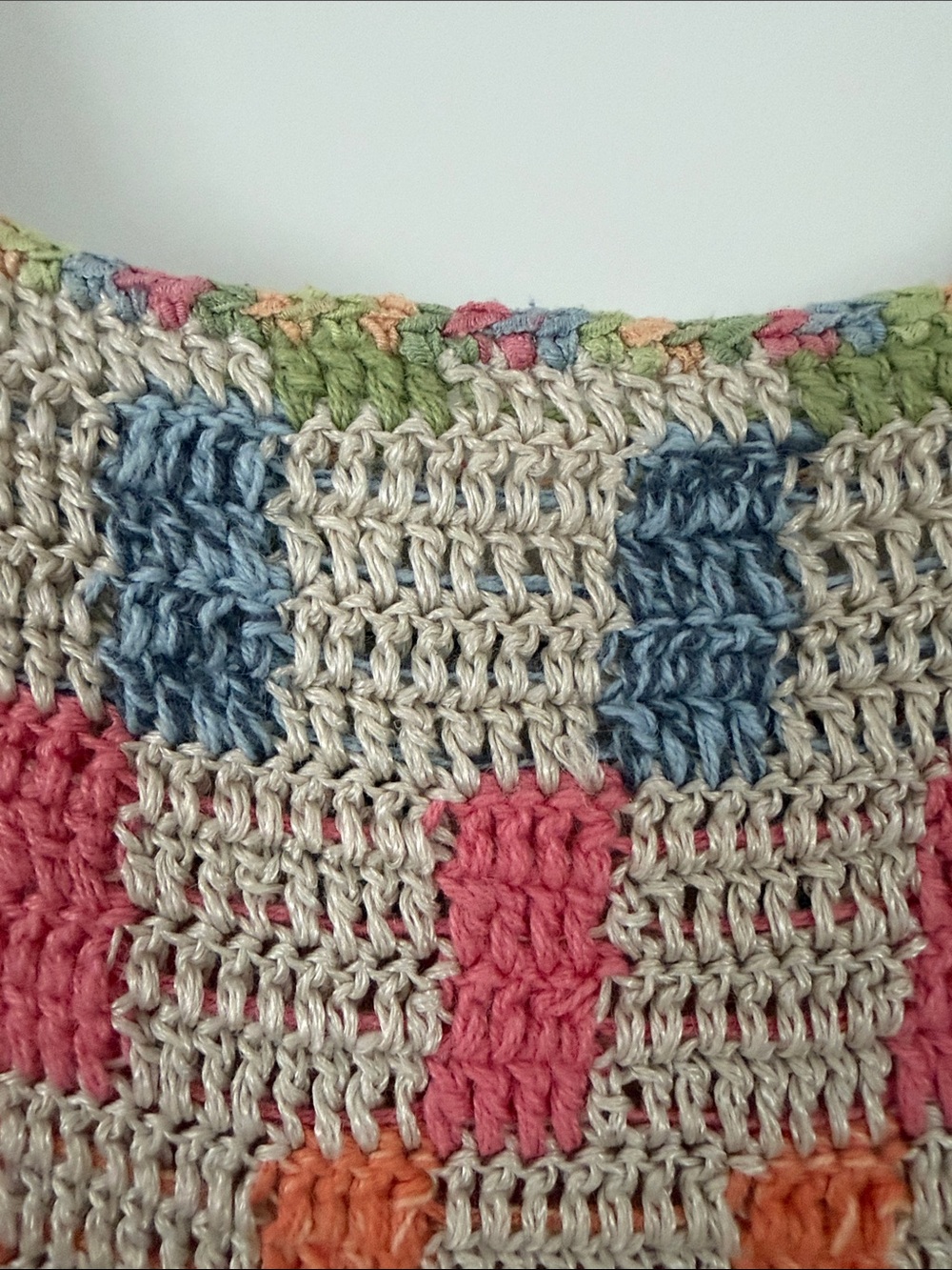 Sigrid Olsen Beige Crochet Tank with Pink, Orange, Green and Blue Check Accents - Picture 3 of 6